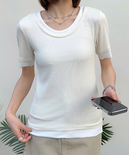 aimoha(アイモハ)の「リブ配色Tシャツ (SS)(Tシャツ/カットソー・レディース・グレー/ライトベージュ/ホワイト/ブラック/ダークグレー・MEDIUM/LARGE)」の16枚目の写真