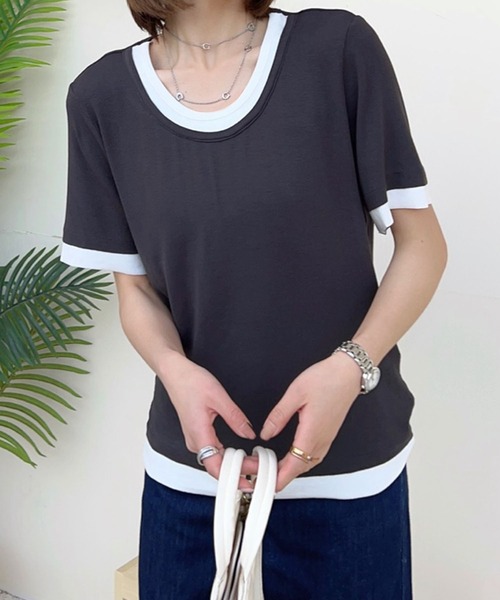aimoha(アイモハ)の「リブ配色Tシャツ (SS)(Tシャツ/カットソー・レディース・グレー/ライトベージュ/ホワイト/ブラック/ダークグレー・MEDIUM/LARGE)」の17枚目の写真
