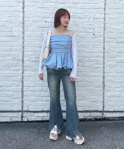 ブラウス シャツ 「新色追加！BEI/BLU」バルーンビスチェ レディース M-LINE ブラウス シャツ 「新色追加！BEI/BLU」バルーンビスチェ