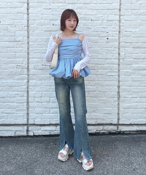 ブラウス シャツ 「新色追加！BEI/BLU」バルーンビスチェ レディース M-LINE ブラウス シャツ 「新色追加！BEI/BLU」バルーンビスチェ