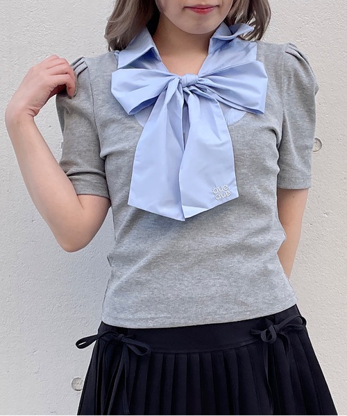 abc une face(アーベーセーアンフェイス)の「ボウタイブラウスレイヤードトップス(Tシャツ/カットソー・レディース・グレー/ネイビー系/ダークグレー/ピンク・FREE)」の13枚目の写真