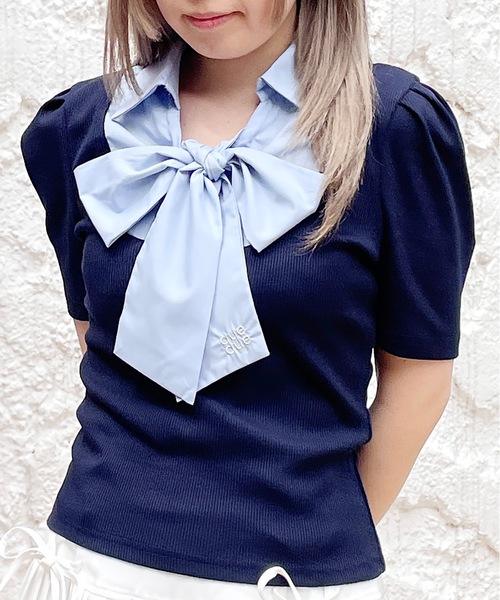 abc une face(アーベーセーアンフェイス)の「ボウタイブラウスレイヤードトップス(Tシャツ/カットソー・レディース・グレー/ネイビー系/ダークグレー/ピンク・FREE)」の19枚目の写真