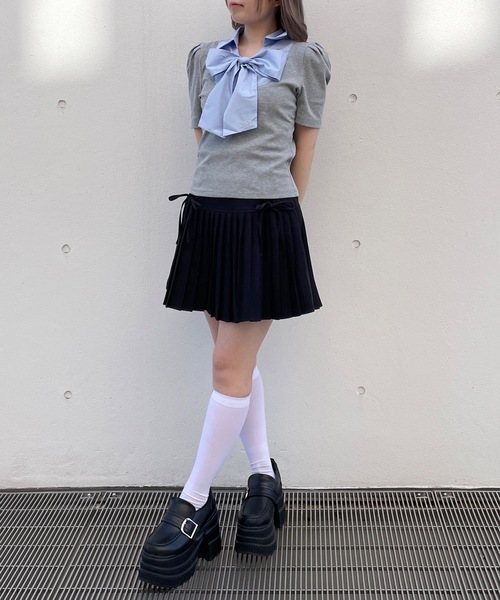 abc une face(アーベーセーアンフェイス)の「ボウタイブラウスレイヤードトップス(Tシャツ/カットソー・レディース・グレー/ネイビー系/ダークグレー/ピンク・FREE)」の14枚目の写真