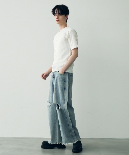 Shoowtime(ショウタイム)の「button-down summer knit tops / ボタンダウンサマーニットトップス(Tシャツ/カットソー・メンズ・ダークグレー/ホワイト/ブラック・X-LARGE/LARGE/MEDIUM)」の4枚目の写真