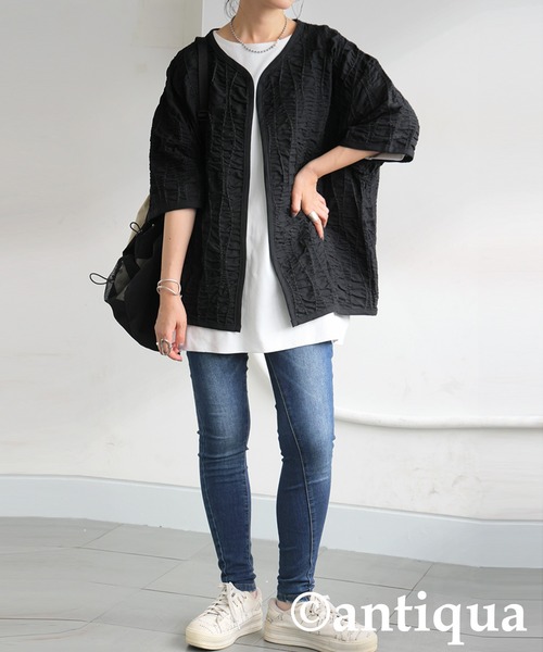 antiqua（アンティカ）の「モードギャザージャケット（ノーカラージャケット・レディース・ブラック・ONESIZE）」の4枚目の写真