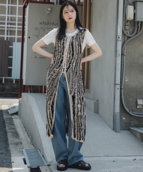 高身長 麻タッチフリンジニットノースリーブジレ（トールサイズ