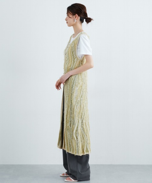 高身長 麻タッチフリンジニットノースリーブジレ（トールサイズ