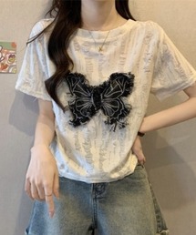 バタフライ刺繍Tシャツ/ クラッシュ加工/デザインTシャツ