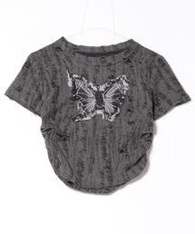 バタフライ刺繍Tシャツ/ クラッシュ加工/デザインTシャツ