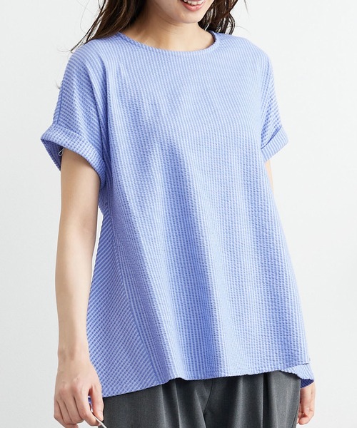 BELLUNA PLUS（ベルーナ）の「ニットサッカー素材ペプラムプルオーバー（Tシャツ/カットソー・レディース・ライラック/ネイビー系/アイボリー系・LARGE/X-LARGE/MEDIUM）」の7枚目の写真