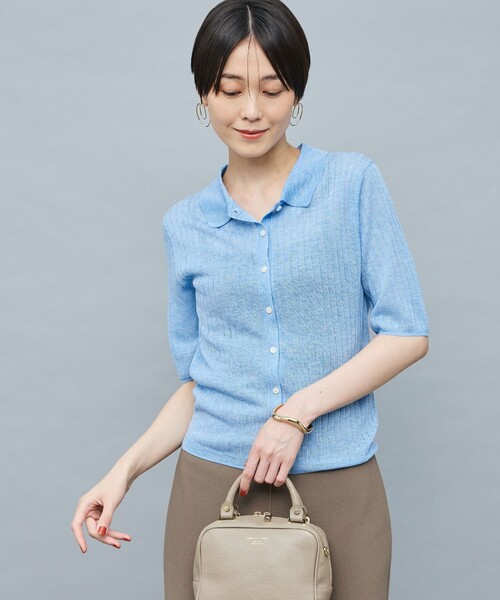 NOLLEY’S Sophi(ノーリーズソフィ)の「《手洗い可能》ワイドリブシアーポロ衿カーディガン(カーディガン/ボレロ・レディース・オリーブ/ライトブルー/ベビーピンク・38)」の6枚目の写真