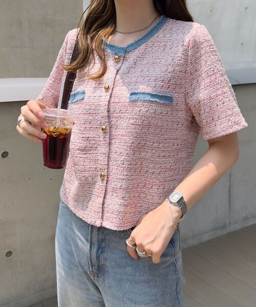 KOBE LETTUCE（コウベレタス）の「フリンジサマーツイード半袖ジャケット（シャツ/ブラウス・レディース・ブラック/ピンク/ホワイト・M）」の3枚目の写真