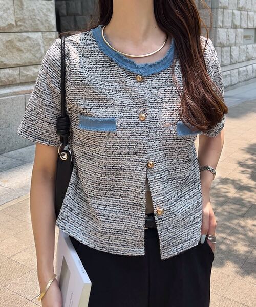 KOBE LETTUCE（コウベレタス）の「フリンジサマーツイード半袖ジャケット（シャツ/ブラウス・レディース・ブラック/ピンク/ホワイト・M）」の2枚目の写真