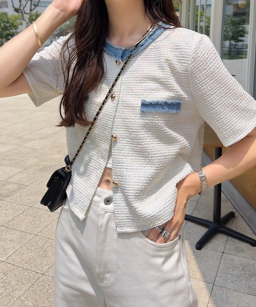 KOBE LETTUCE（コウベレタス）の「フリンジサマーツイード半袖ジャケット（シャツ/ブラウス・レディース・ブラック/ピンク/ホワイト・M）」の4枚目の写真