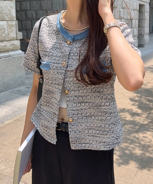 KOBE LETTUCE（コウベレタス）の「フリンジサマーツイード半袖ジャケット（シャツ/ブラウス・レディース・ブラック/ピンク/ホワイト・M）」の7枚目の写真