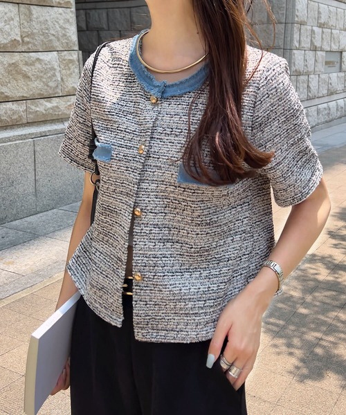 KOBE LETTUCE（コウベレタス）の「フリンジサマーツイード半袖ジャケット（シャツ/ブラウス・レディース・ブラック/ピンク/ホワイト・M）」の8枚目の写真