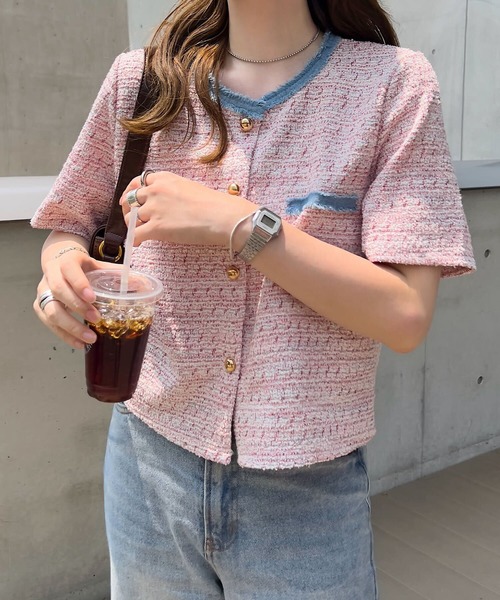 KOBE LETTUCE（コウベレタス）の「フリンジサマーツイード半袖ジャケット（シャツ/ブラウス・レディース・ブラック/ピンク/ホワイト・M）」の11枚目の写真