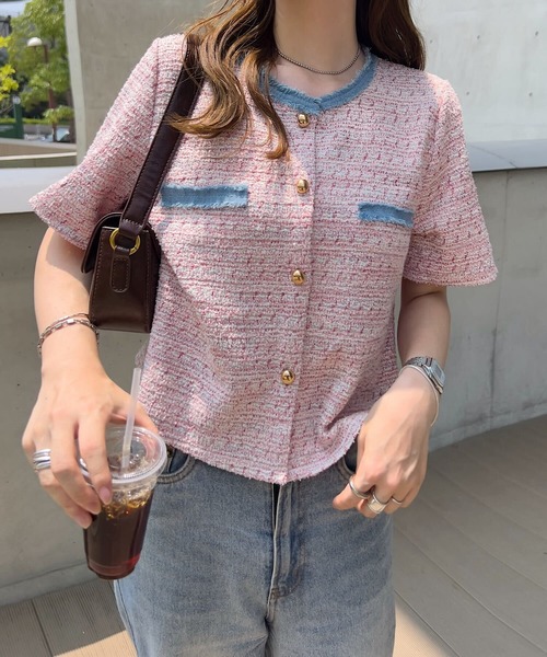 KOBE LETTUCE（コウベレタス）の「フリンジサマーツイード半袖ジャケット（シャツ/ブラウス・レディース・ブラック/ピンク/ホワイト・M）」の12枚目の写真