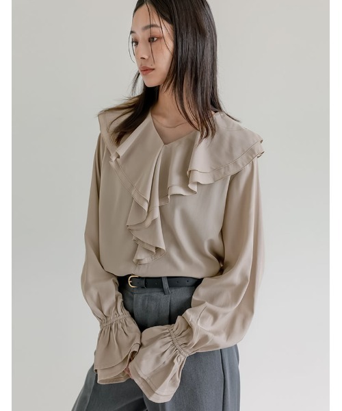 Re:EDIT（リエディ）の「シアーエアリーラッフルカラーブラウス（シャツ/ブラウス・レディース・ホワイト/ブルー/グレイッシュベージュ/ブラック・LARGE/MEDIUM）」の3枚目の写真