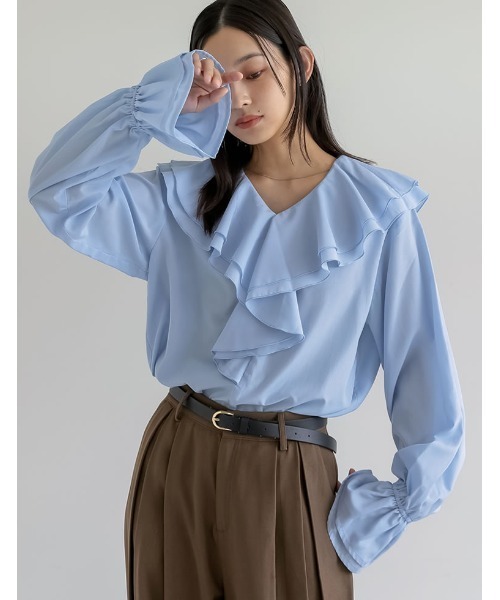 Re:EDIT（リエディ）の「シアーエアリーラッフルカラーブラウス（シャツ/ブラウス・レディース・ホワイト/ブルー/グレイッシュベージュ/ブラック・LARGE/MEDIUM）」の4枚目の写真