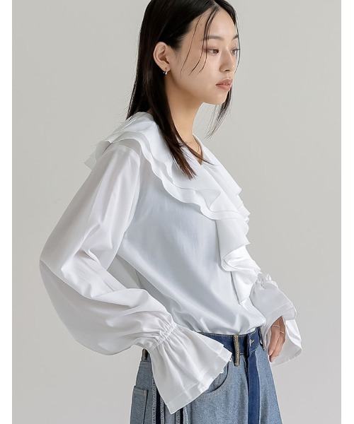 Re:EDIT（リエディ）の「シアーエアリーラッフルカラーブラウス（シャツ/ブラウス・レディース・ホワイト/ブルー/グレイッシュベージュ/ブラック・LARGE/MEDIUM）」の9枚目の写真