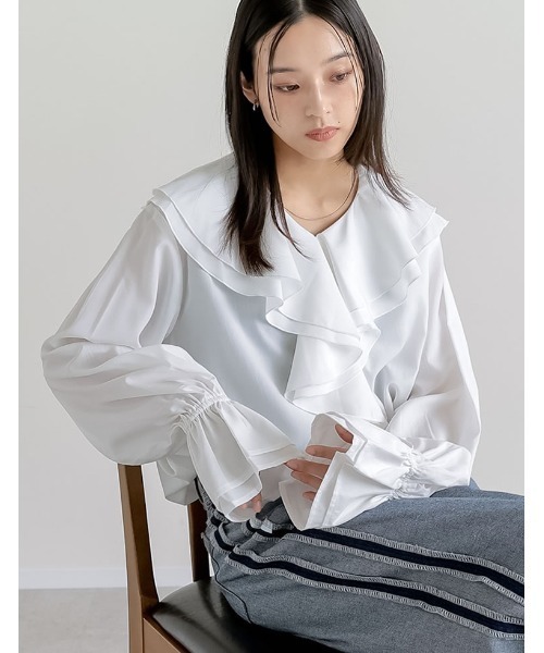 Re:EDIT（リエディ）の「シアーエアリーラッフルカラーブラウス（シャツ/ブラウス・レディース・ホワイト/ブルー/グレイッシュベージュ/ブラック・LARGE/MEDIUM）」の11枚目の写真