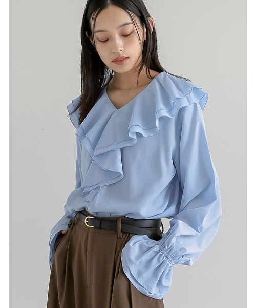 Re:EDIT（リエディ）の「シアーエアリーラッフルカラーブラウス（シャツ/ブラウス・レディース・ホワイト/ブルー/グレイッシュベージュ/ブラック・LARGE/MEDIUM）」の17枚目の写真