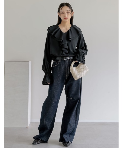 Re:EDIT（リエディ）の「シアーエアリーラッフルカラーブラウス（シャツ/ブラウス・レディース・ホワイト/ブルー/グレイッシュベージュ/ブラック・LARGE/MEDIUM）」の5枚目の写真