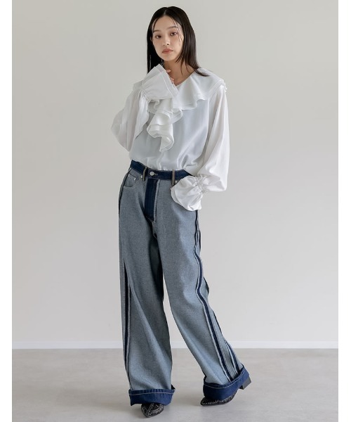 Re:EDIT（リエディ）の「シアーエアリーラッフルカラーブラウス（シャツ/ブラウス・レディース・ホワイト/ブルー/グレイッシュベージュ/ブラック・LARGE/MEDIUM）」の8枚目の写真