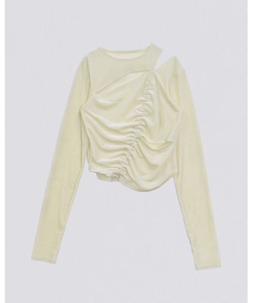 kiehtova（キエトヴァ）の「【kiehtova】VELOR SLIT GATHER TOPS/ベロア スリット ギャザー トップス（Tシャツ/カットソー・レディース・ピンク/ブラック/ホワイト・FREE）」の7枚目の写真