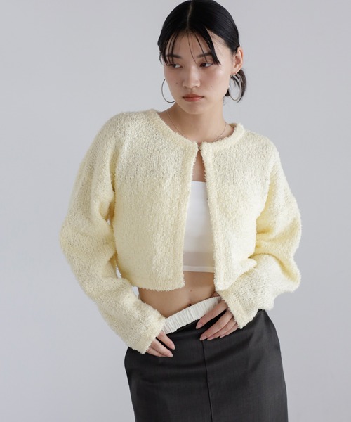 ENC（エンク）の「tape yarn knit cardigan / テープヤーンニットカーディガン（カーディガン/ボレロ・レディース・ライトイエロー/オフホワイト/ブラック・FREE）」の3枚目の写真