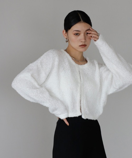 ENC（エンク）の「tape yarn knit cardigan / テープヤーンニットカーディガン（カーディガン/ボレロ・レディース・ライトイエロー/オフホワイト/ブラック・FREE）」の5枚目の写真