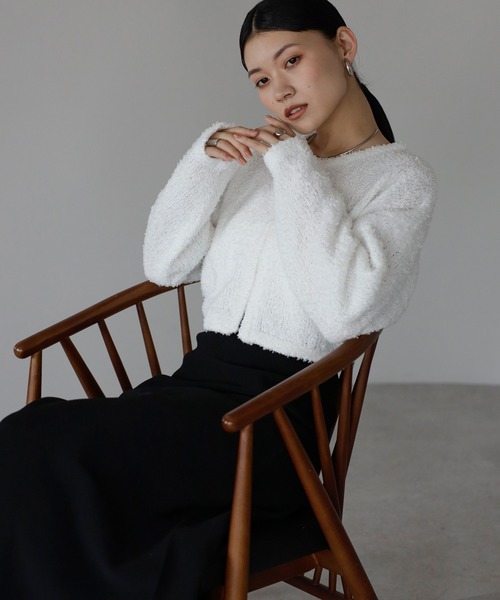 ENC（エンク）の「tape yarn knit cardigan / テープヤーンニットカーディガン（カーディガン/ボレロ・レディース・ライトイエロー/オフホワイト/ブラック・FREE）」の6枚目の写真