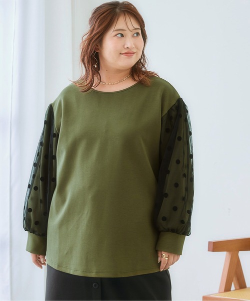 SMILE LAND（スマイルランド）の「＜大きいサイズ＞袖チュールドットプルオーバー（Tシャツ/カットソー・レディース・キャメル/スミクロ/カーキ系・L～LL/3L～4L/5L～6L）」の3枚目の写真