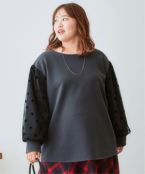 SMILE LAND（スマイルランド）の「＜大きいサイズ＞袖チュールドットプルオーバー（Tシャツ/カットソー・レディース・キャメル/スミクロ/カーキ系・L～LL/3L～4L/5L～6L）」の2枚目の写真