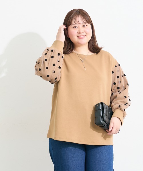 SMILE LAND（スマイルランド）の「＜大きいサイズ＞袖チュールドットプルオーバー（Tシャツ/カットソー・レディース・キャメル/スミクロ/カーキ系・L～LL/3L～4L/5L～6L）」の6枚目の写真