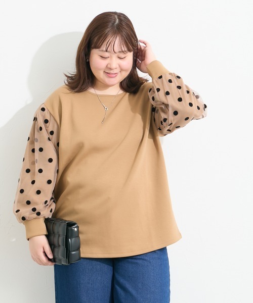 SMILE LAND（スマイルランド）の「＜大きいサイズ＞袖チュールドットプルオーバー（Tシャツ/カットソー・レディース・キャメル/スミクロ/カーキ系・L～LL/3L～4L/5L～6L）」の5枚目の写真