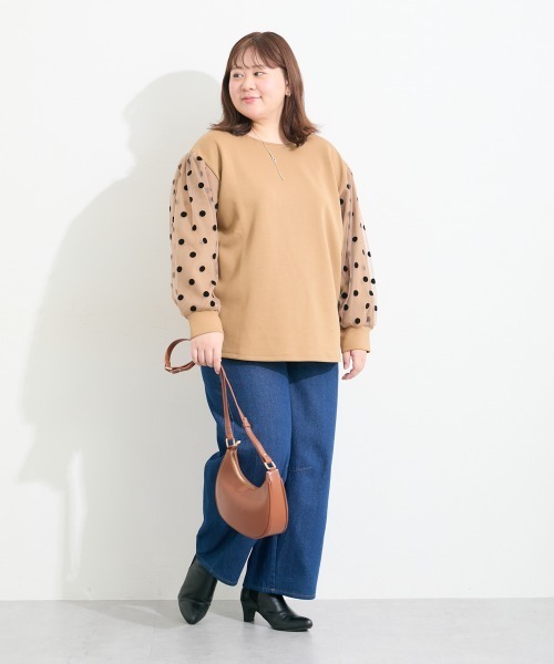 SMILE LAND（スマイルランド）の「＜大きいサイズ＞袖チュールドットプルオーバー（Tシャツ/カットソー・レディース・キャメル/スミクロ/カーキ系・L～LL/3L～4L/5L～6L）」の9枚目の写真