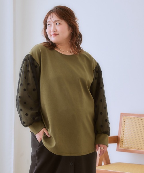 SMILE LAND（スマイルランド）の「＜大きいサイズ＞袖チュールドットプルオーバー（Tシャツ/カットソー・レディース・キャメル/スミクロ/カーキ系・L～LL/3L～4L/5L～6L）」の13枚目の写真