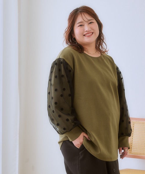 SMILE LAND（スマイルランド）の「＜大きいサイズ＞袖チュールドットプルオーバー（Tシャツ/カットソー・レディース・キャメル/スミクロ/カーキ系・L～LL/3L～4L/5L～6L）」の8枚目の写真