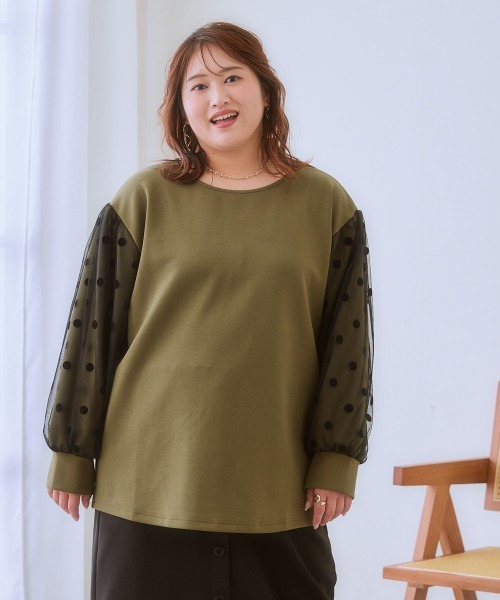 SMILE LAND（スマイルランド）の「＜大きいサイズ＞袖チュールドットプルオーバー（Tシャツ/カットソー・レディース・キャメル/スミクロ/カーキ系・L～LL/3L～4L/5L～6L）」の12枚目の写真