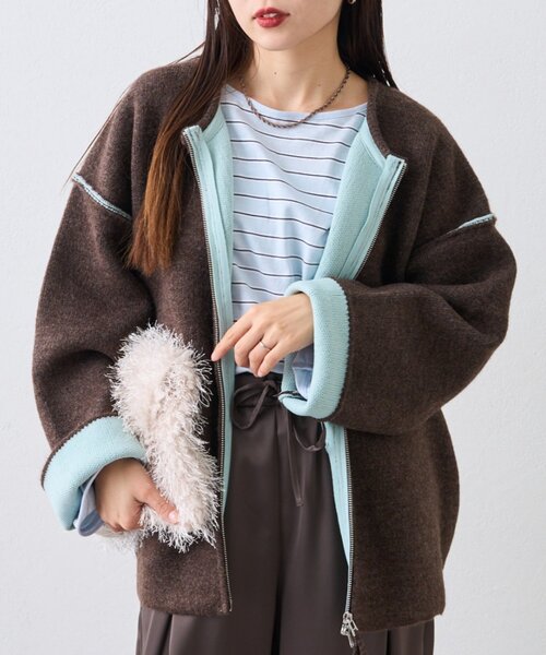 セール】【軽アウターとしても◎/ふわもち】ダブルジップ配色ヤク