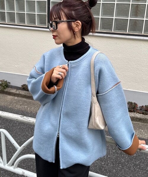軽アウターとしても◎/ふわもち】ダブルジップ配色ヤクライクニット