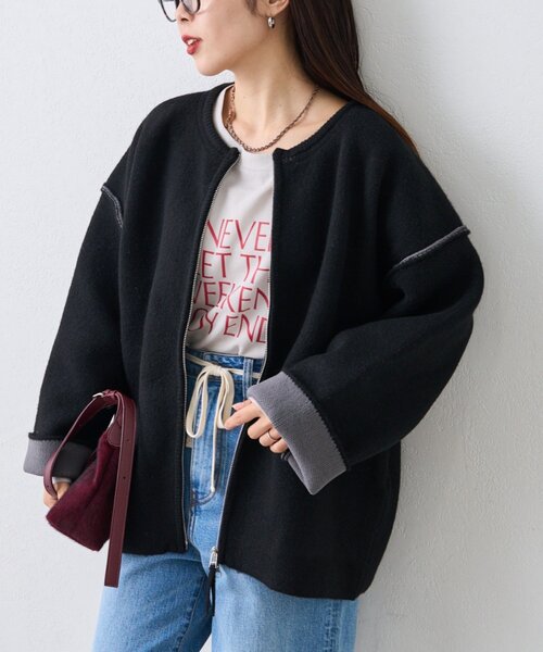 軽アウターとしても◎/ふわもち】ダブルジップ配色ヤクライクニット