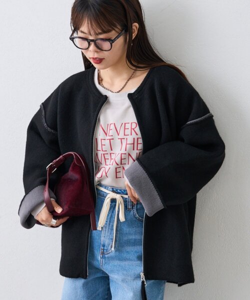 CIAOPANIC TYPY（チャオパニックティピー）の「【春の羽織としても◎/ふわもち】ダブルジップ配色ヤクライクニットカーデ（カーディガン/ボレロ・レディース・グレー/ブラック/サックスブルー/ブラウン・ONE SIZE）」の8枚目の写真