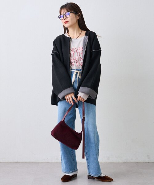 軽アウターとしても◎/ふわもち】ダブルジップ配色ヤクライクニット