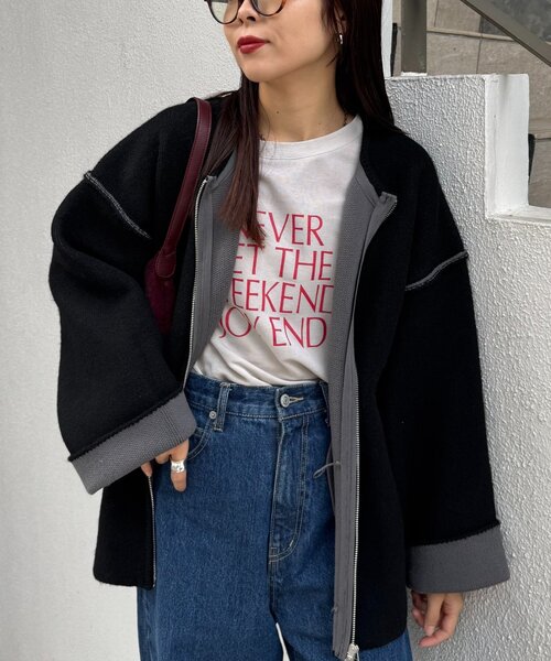 CIAOPANIC TYPY（チャオパニックティピー）の「【春の羽織としても◎/ふわもち】ダブルジップ配色ヤクライクニットカーデ（カーディガン/ボレロ・レディース・グレー/ブラック/サックスブルー/ブラウン・ONE SIZE）」の18枚目の写真