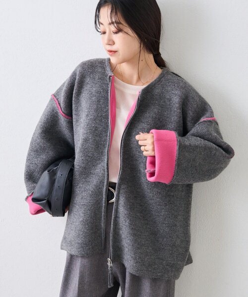 軽アウターとしても◎/ふわもち】ダブルジップ配色ヤクライクニット