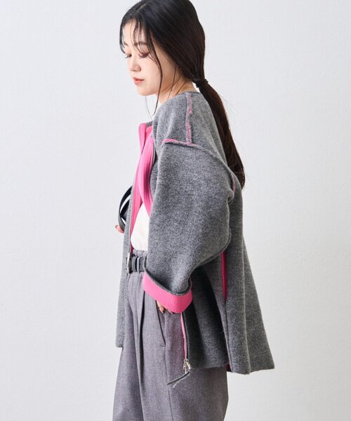 軽アウターとしても◎/ふわもち】ダブルジップ配色ヤクライクニット