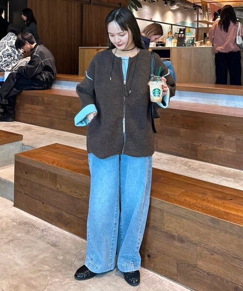 軽アウターとしても◎/ふわもち】ダブルジップ配色ヤクライクニット